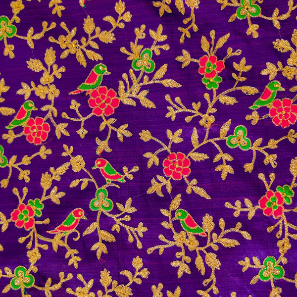 Slub Silk Purplish Blue With Parrot On Tree Jaal Embroiedered Fabric