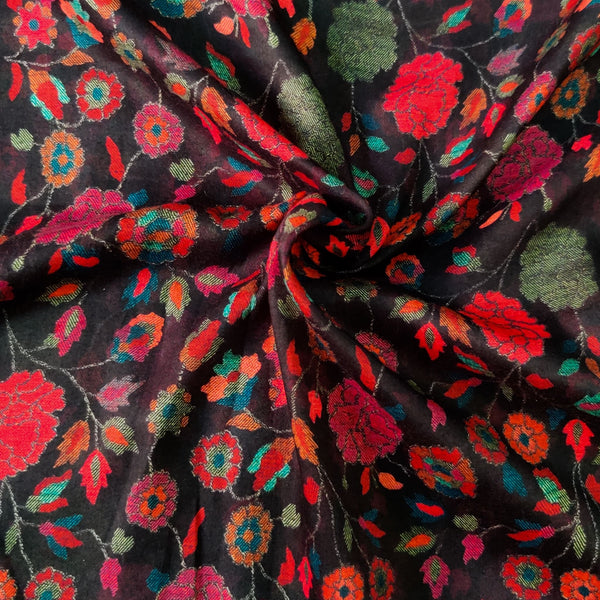 Soft Cotton Silk Black With Multi Colour Floral Jaal Screen Print Fabric