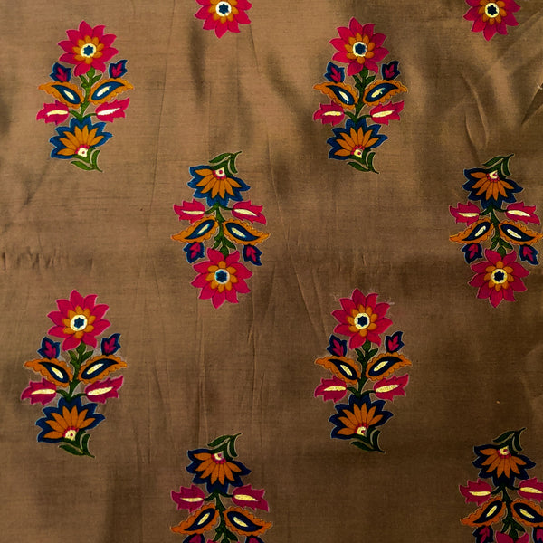 Soft Cotton Silk Brown With Pink Mustard Flower Motif