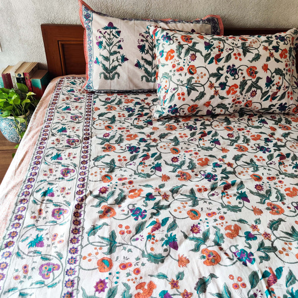 Spring Garden Jaal Pure Cotton Hand Block Printed Double Bedsheet Thread Count 250