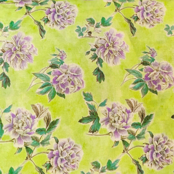 Surat Cotton Pastel Green With Purplish Flower Digital Print Fabric