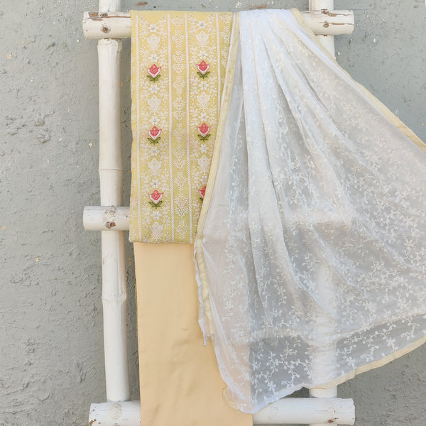 TARA - Yellow Embroiedered Top With Peach Rayon Blend Bottom With White Chiffon Thread Work Dupatta