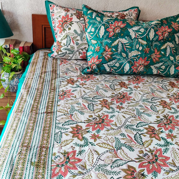 Tropical Lotus Whiite Pure Cotton Jaipuri Double Bedsheet