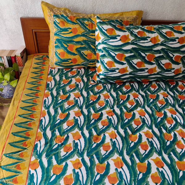 Tulips Pure Cotton Jaipuri Double Bedsheet