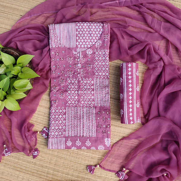 VAANI - Pure Cotton Multi Patch Printed Top Fabric With Stripes Bottom And  A Chiffon Dupatta Lavender