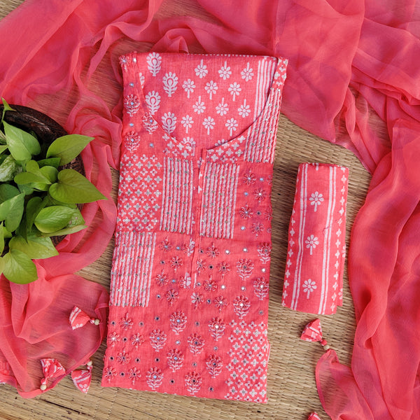 VAANI - Pure Cotton Multi Patch Printed Top Fabric With Stripes Bottom And  A Chiffon Dupatta Pink
