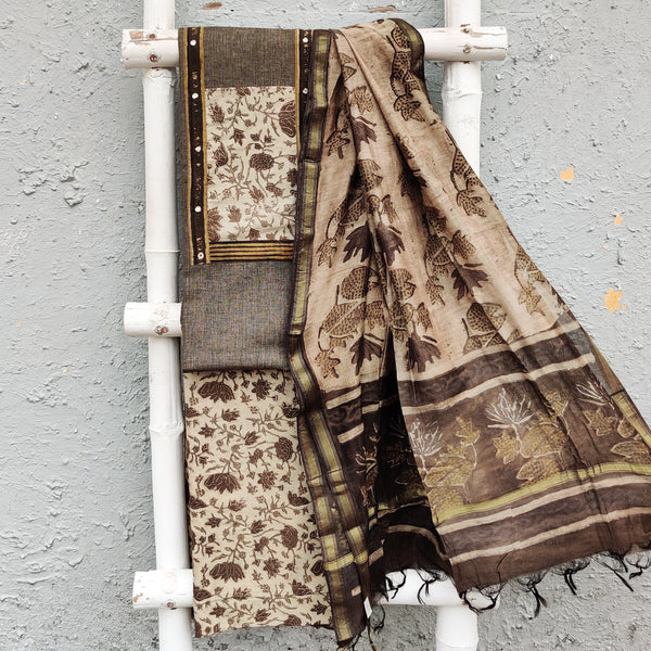 VANASPATI - Pure Cotton Handloom With A Pre Designed Floral Jaal Yoke Hand Block Printed Bottom And A Chanderi Dupatta