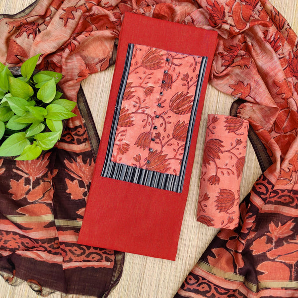 VANASPATI - Pure Cotton Handloom With A Pre Designed Lotus Jaal Yoke Hand Block Printed Bottom And A Chanderi Dupatta