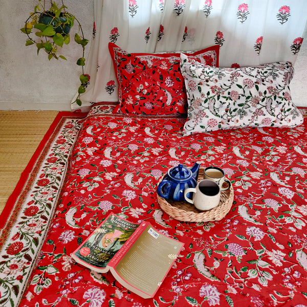 Wilderness Red Pure Cotton Jaipuri Double Bedsheet