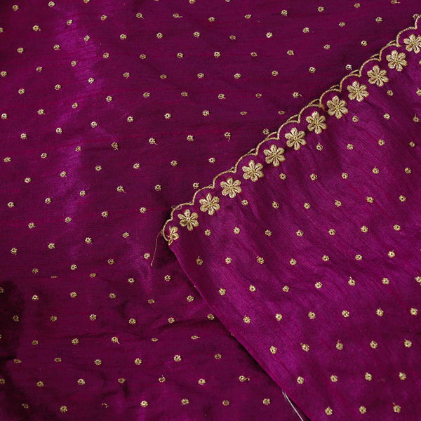 Wine Slub Silk Cotton With Gold Zari Butti With One Side Scalloped Border Embroidered Fabric