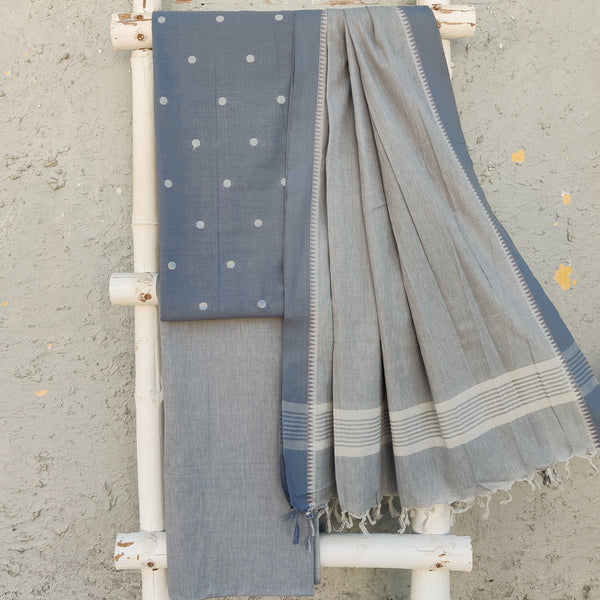 YESHA - Pure Cotton Grey Handloom Polka Top With Light Pastel Grey Pure Cotton Bottom With Temple Border Dupatta