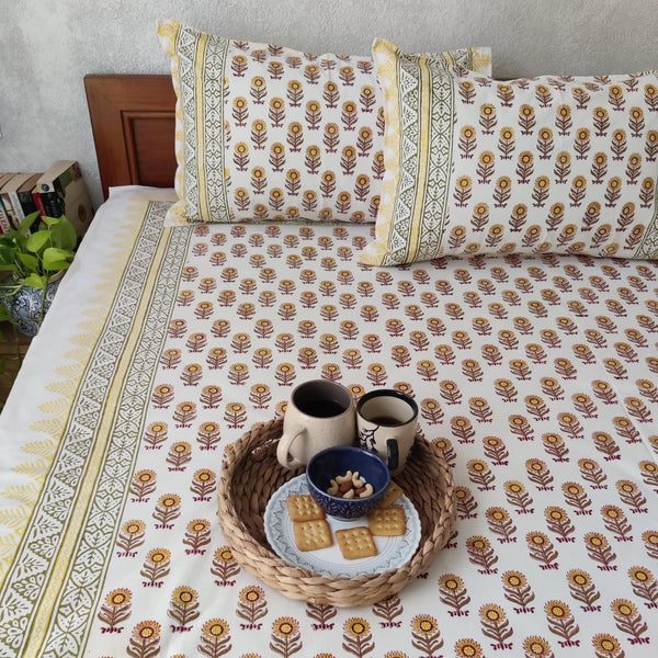 Yellow Mongolia Pure Cotton Jaipuri Double Bedsheet