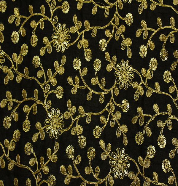 Black Cotton Silk With Zardozi Embroidery Fabric