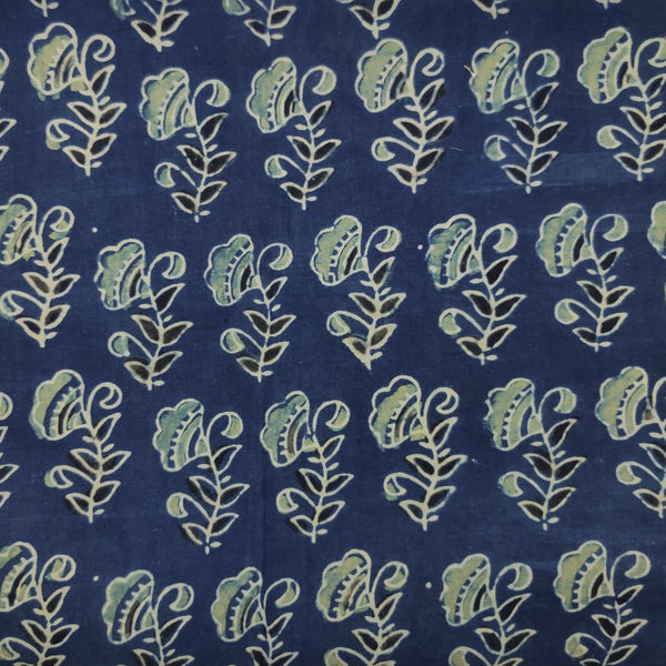 Pure Cotton Persian Blue With Green Black Flowers Hand Block Print Fabric